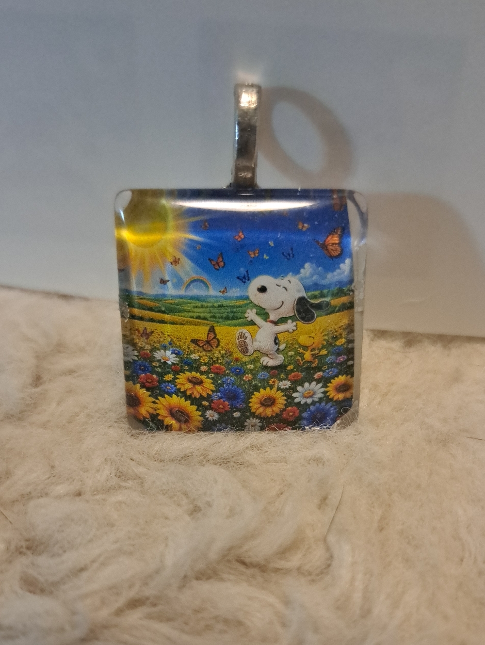 Hand crafted Dog Sunflower Meadow Pet Glass Tile Pendant